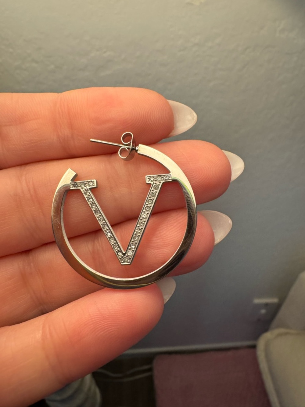 Silver Valentino  Hoop Earrings with Crystal Accents - Picture 3 of 8